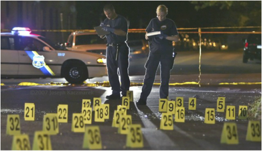 Two Officers gather notes and details at the scene of a crime, cop car lights flash in the background; evidence markers scattered all over the foreground.